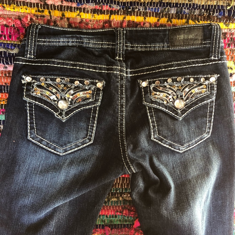 Straight Leg Rhinestone Blue Jeans - Picture 2 of 7